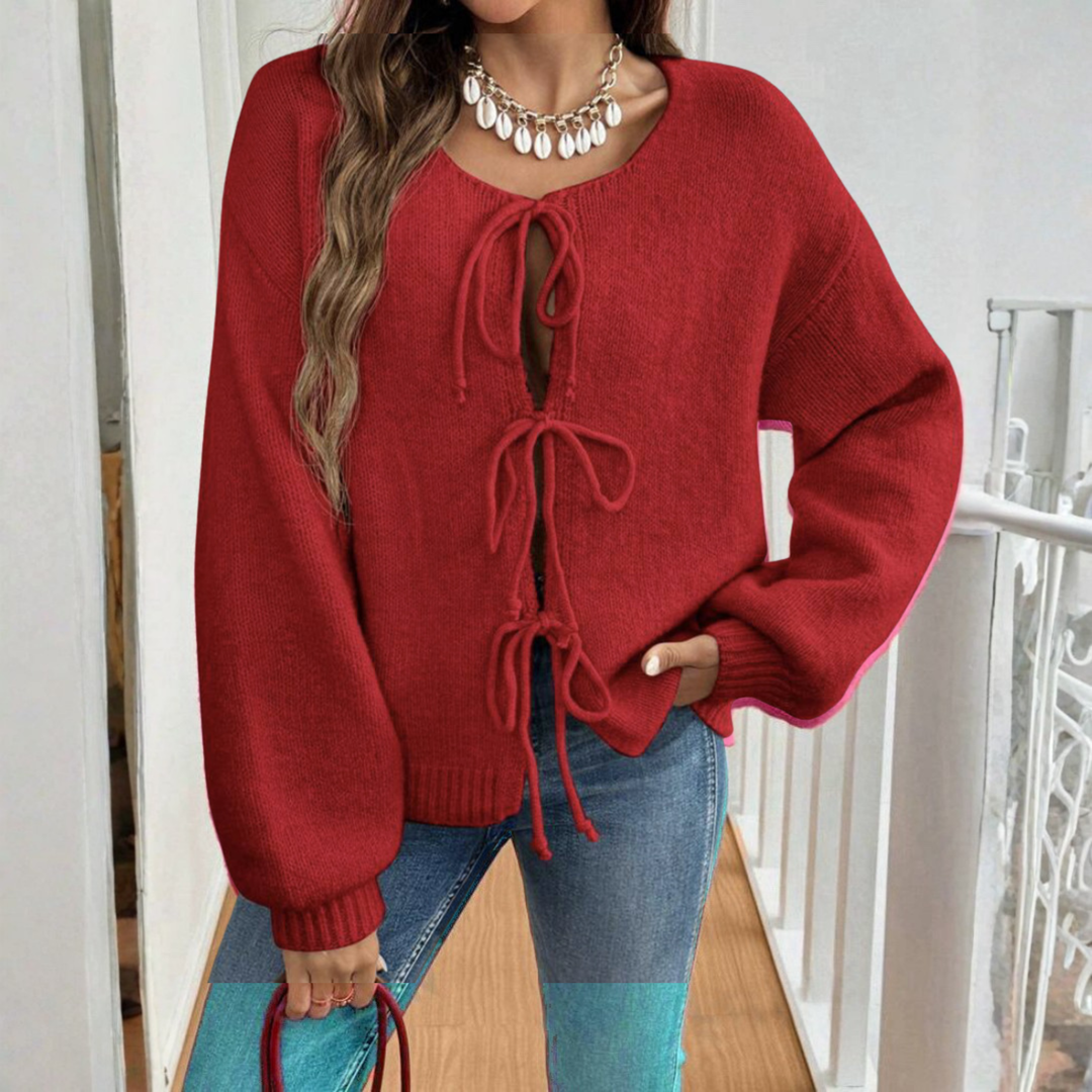 ADRIENNE™ - Chic Langærmet Rund Hals Knytte Front Cardigan