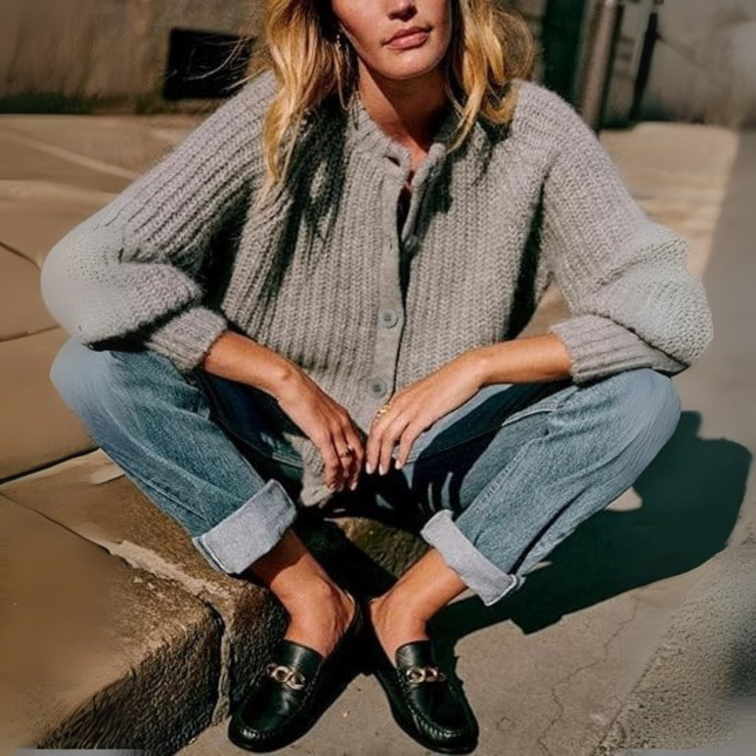 ELOWEN™ - Komfortabel Ensfarvet Knappet Langærmet Rundhalset Cardigan