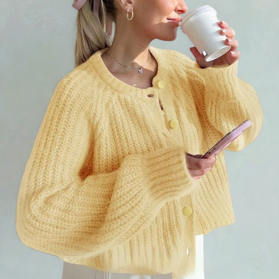 ELOWEN™ - Komfortabel Ensfarvet Knappet Langærmet Rundhalset Cardigan