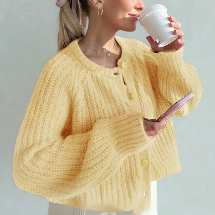 ELOWEN™ - Komfortabel Ensfarvet Knappet Langærmet Rundhalset Cardigan