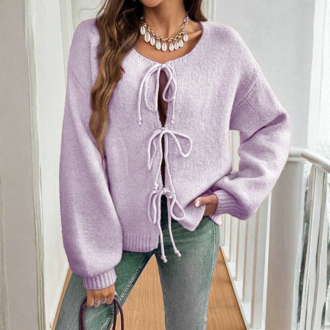 ADRIENNE™ - Chic Langærmet Rund Hals Knytte Front Cardigan