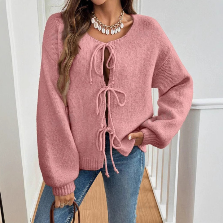 ADRIENNE™ - Chic Langærmet Rund Hals Knytte Front Cardigan