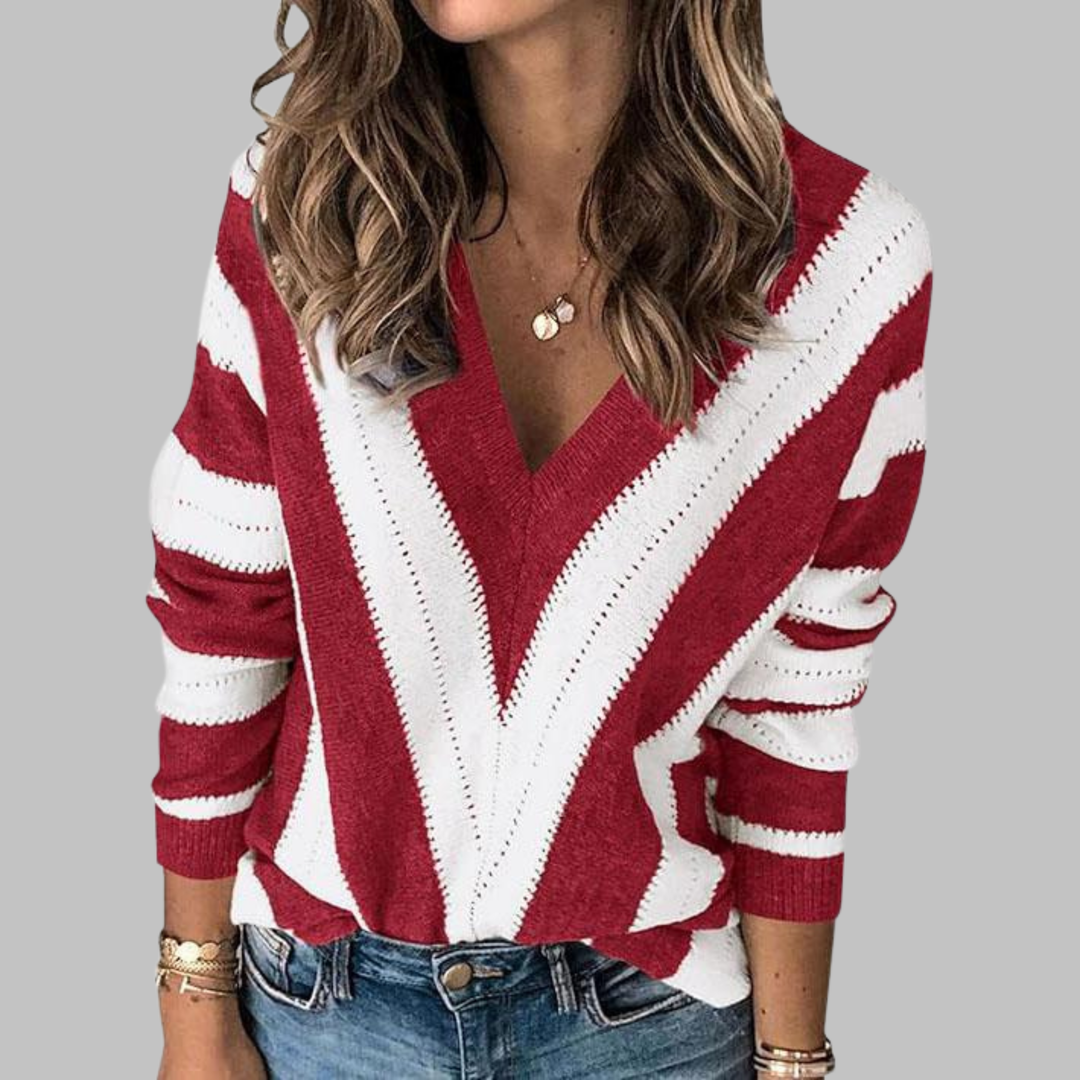 IMANI™ - Casual V-Hals Stribet Langærmet Sweater