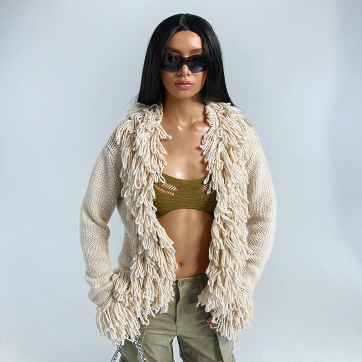 TALAYAH™ - Chic Frynse Langærmet Åben Front Cardigan