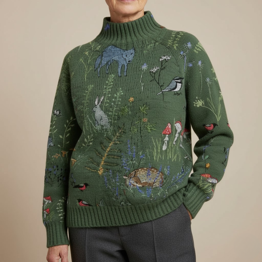 Hana | Mysig Stickad Tröja med Skogsinspirerat Tryck