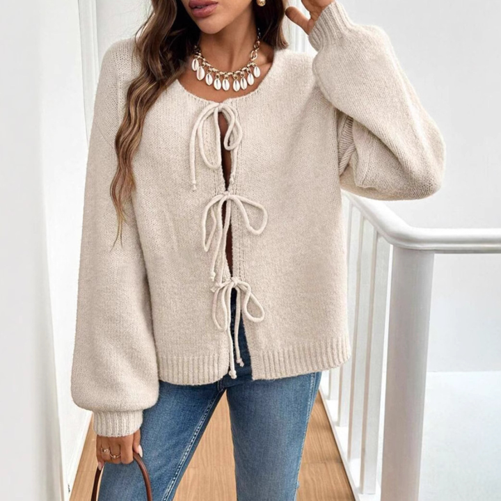 ADRIENNE™ - Chic Langærmet Rund Hals Knytte Front Cardigan