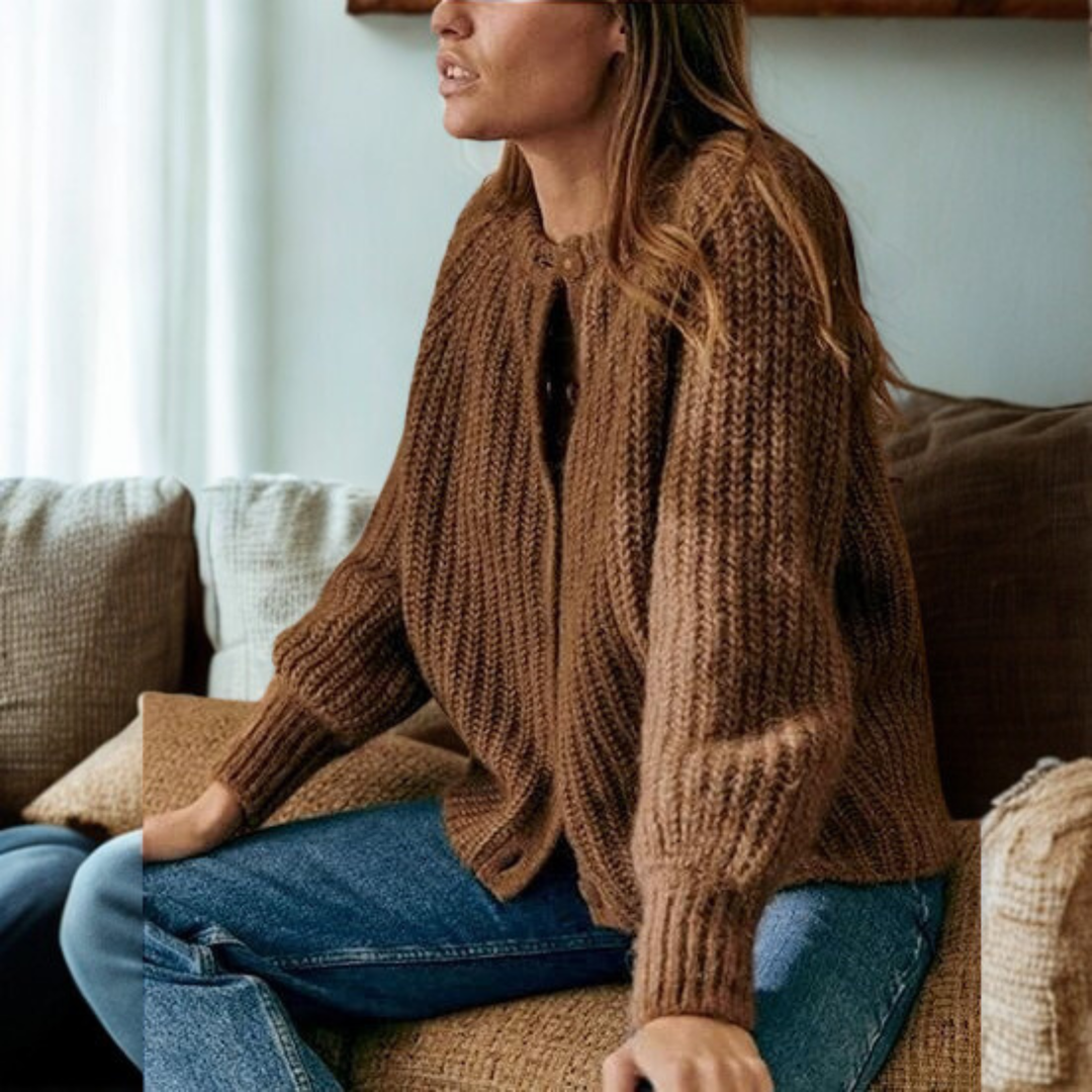 ELOWEN™ - Komfortabel Ensfarvet Knappet Langærmet Rundhalset Cardigan