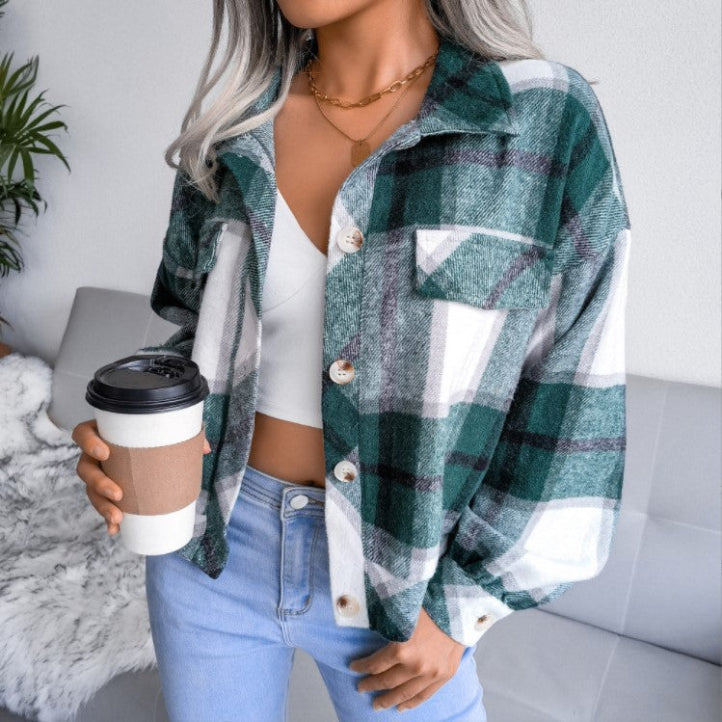 WALA™ - Casual Plaid Knap Front Langærmet Jakke