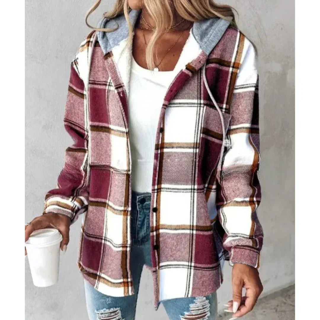 PAIGE™ - Chic Plaid Langærmet Knap-ned Hættejakke